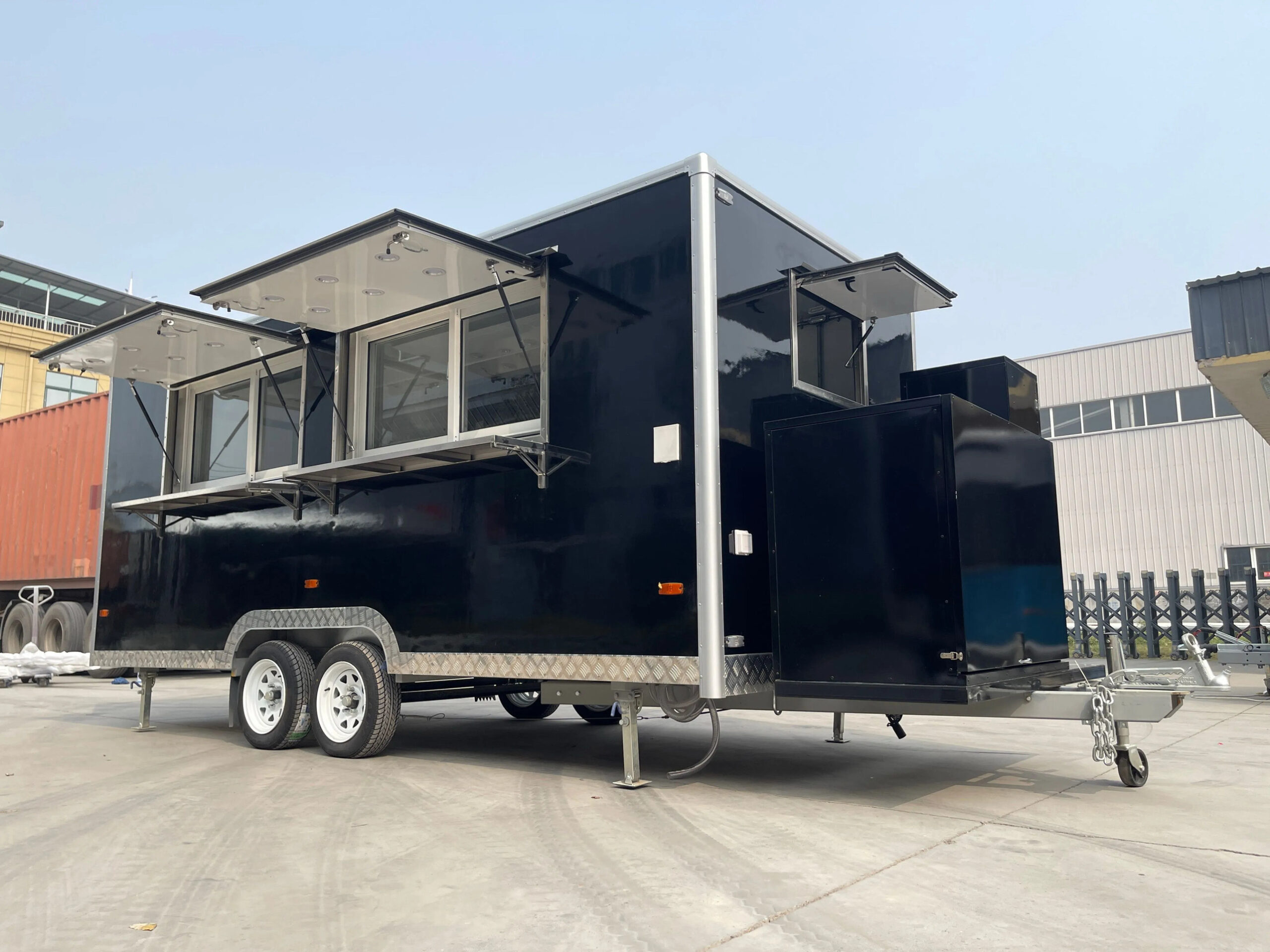 Full exterior of a square-body bar concession trailer for sale by Luxe Custom Co.