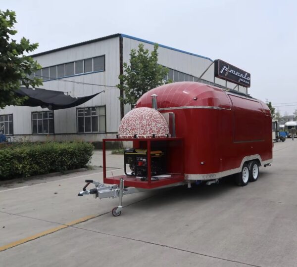 Vibrant magenta pizza trailer exterior, custom built by Luxe Custom Co, expert food trailer builders for concession trailers for sale.
