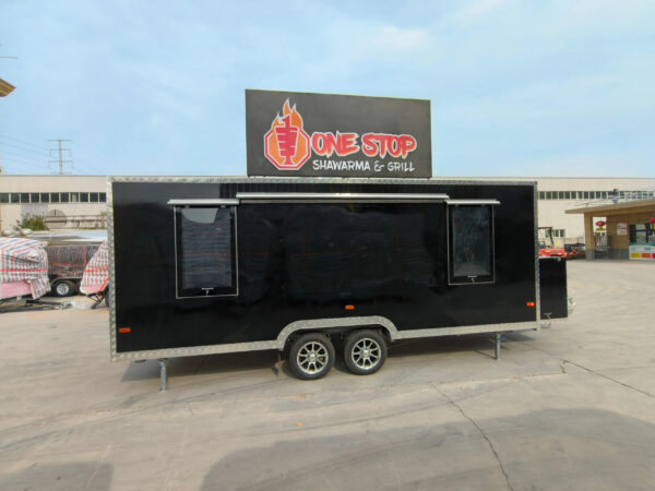 Full exterior of an 18ft square-body custom concession trailer with fire suppression, built by Luxe Custom Co.
