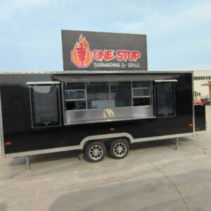 Left-side exterior of an 18ft square-body concession trailer for sale, built by Luxe Custom Co food trailer builders.