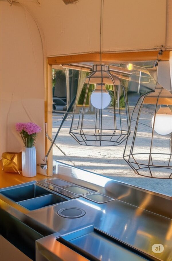 Serving window interior of a food truck trailer with ingredient compartments, built by Luxe Custom Co for sale near me.