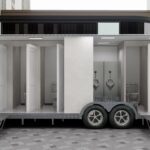 Elegant bathroom trailer interior with polished fixtures and ergonomic layout by Luxe Custom Co, custom trailer experts.