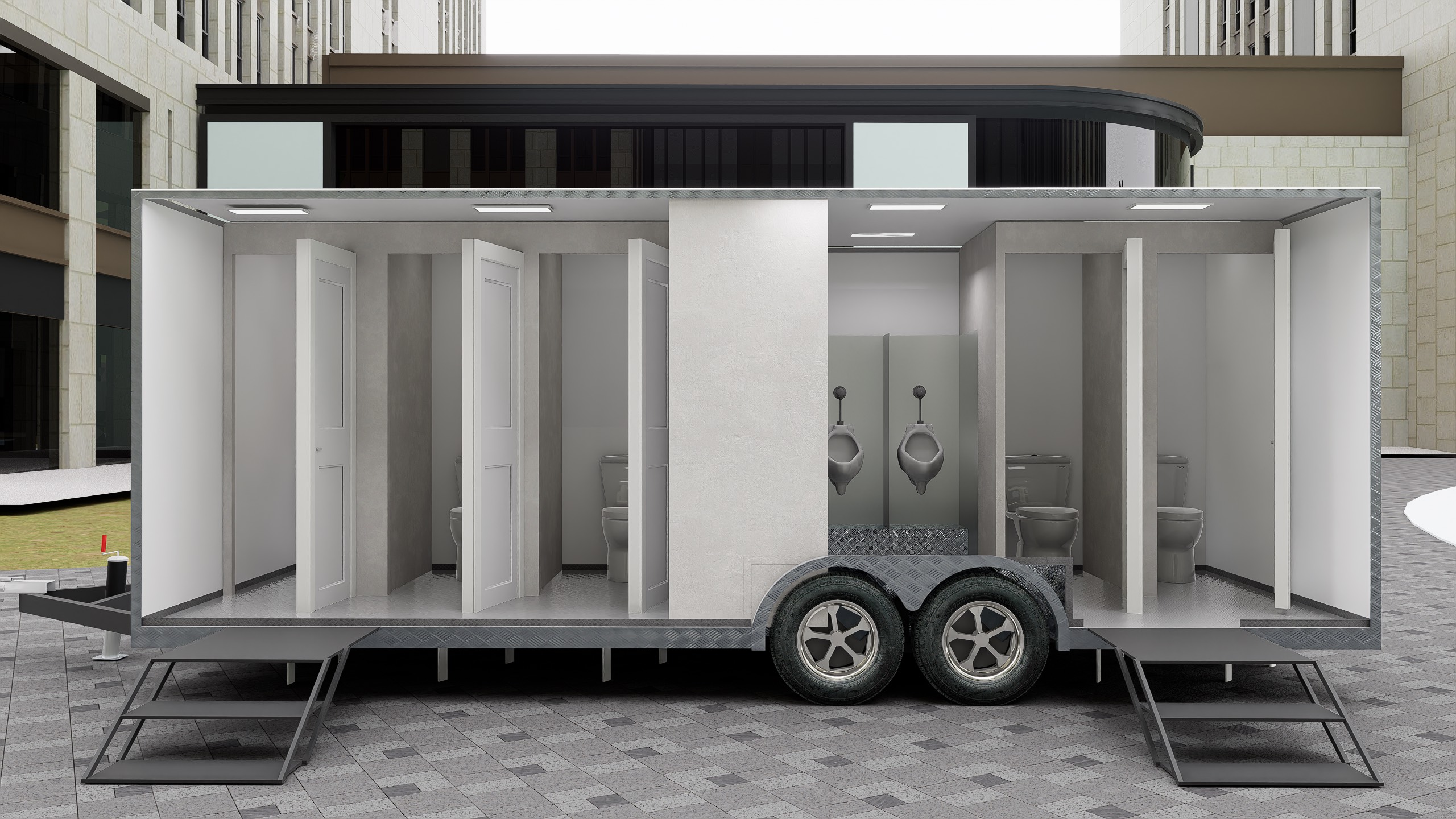 Elegant bathroom trailer interior with polished fixtures and ergonomic layout by Luxe Custom Co, custom trailer experts.