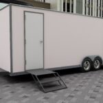 Custom bathroom trailer exterior with modern design and weatherproof finish by Luxe Custom Co, expert trailer builders.