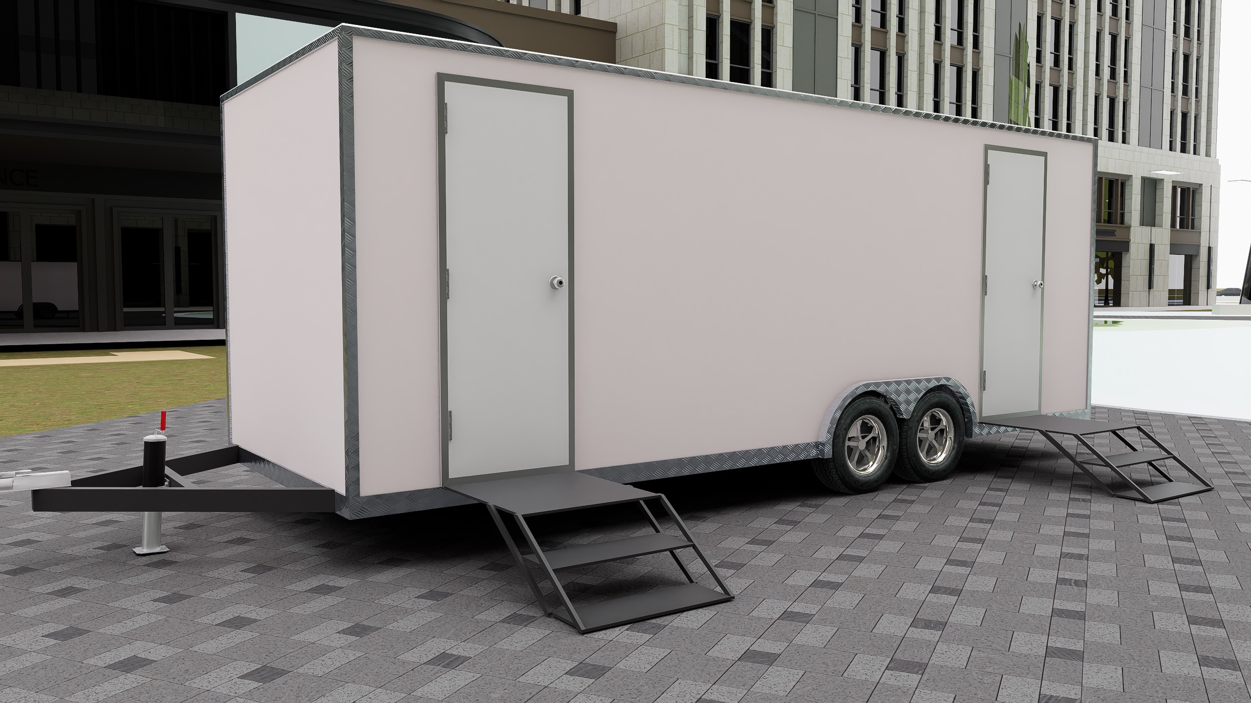 Custom bathroom trailer exterior with modern design and weatherproof finish by Luxe Custom Co, expert trailer builders.