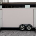 Sleek bathroom trailer exterior with vibrant wrap and sturdy frame by Luxe Custom Co, custom trailer builders.