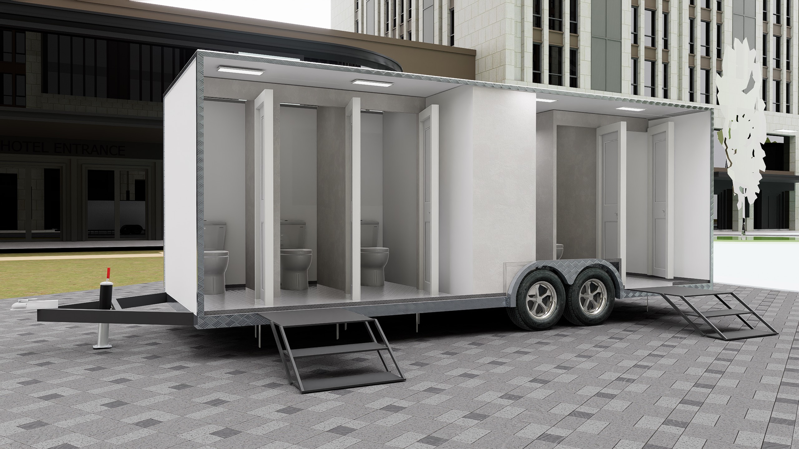 Modern bathroom trailer interior with high-end fixtures and smart storage by Luxe Custom Co, custom trailer experts.