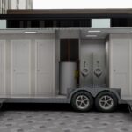 Custom bathroom trailer with stylish exterior and luxurious interior by Luxe Custom Co, expert custom trailer builders.