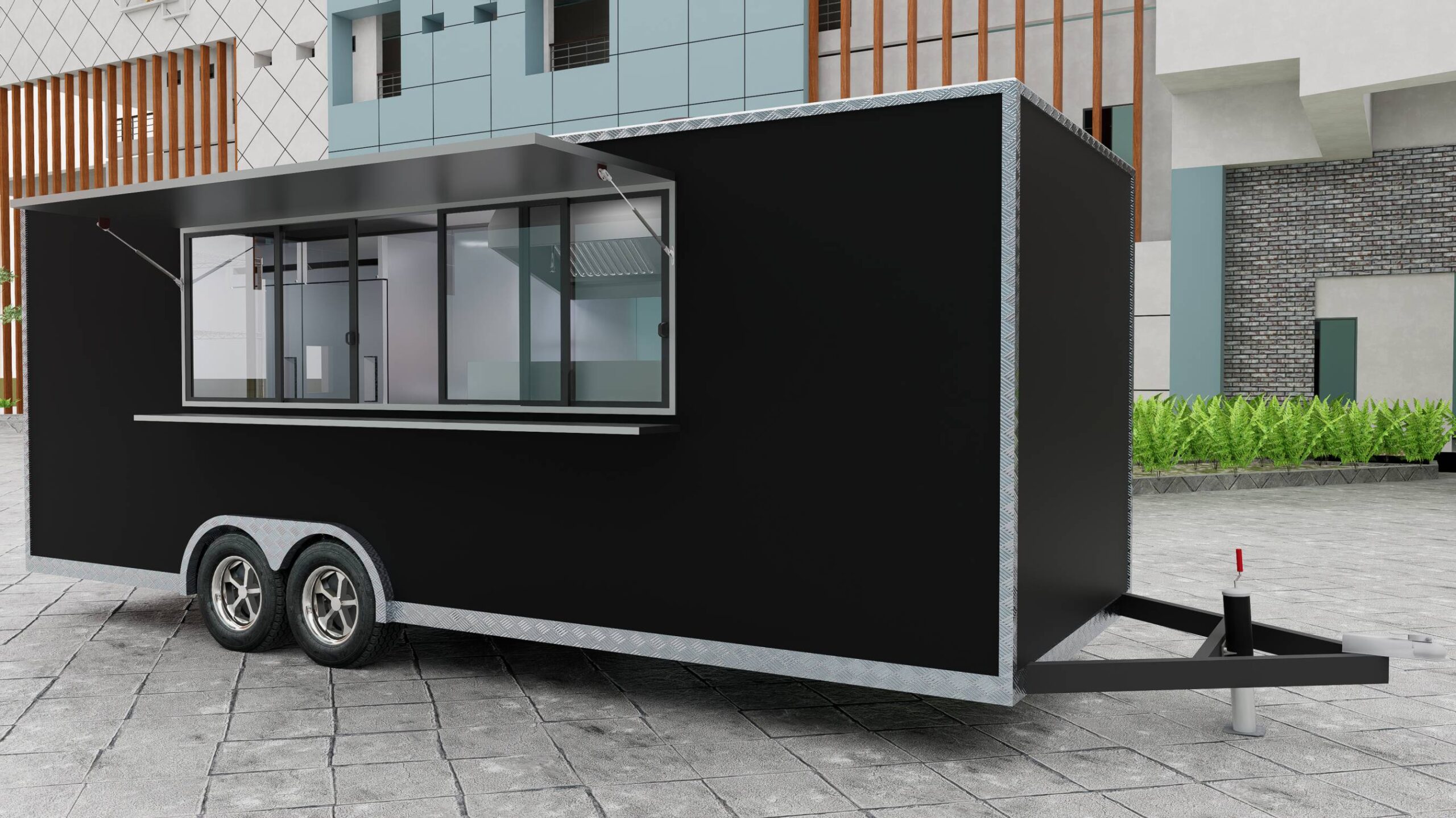 Left window exterior of a 20ft custom concession trailer with open serving window, built by Luxe Custom Co food trailer builders.