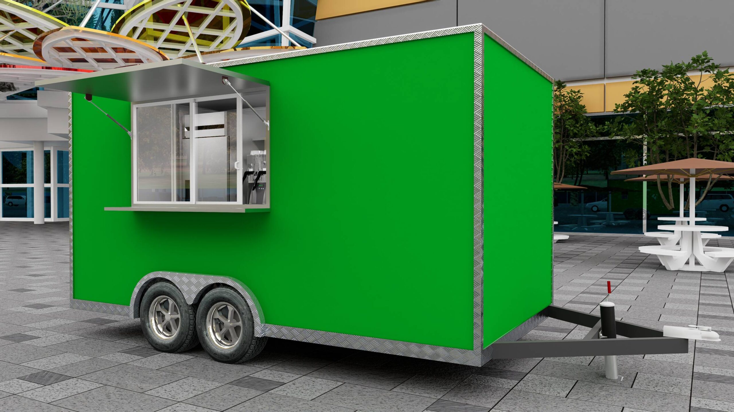 Vibrant exterior of a custom smoothie concession trailer with fruit-themed wrap, built by Luxe Custom Co food trailer builders.