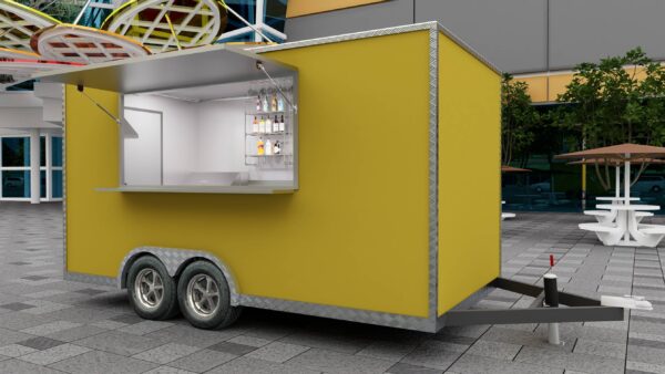 Exterior of a yellow custom food trailer with modern aesthetics, crafted by Luxe Custom Co food trailer builders.