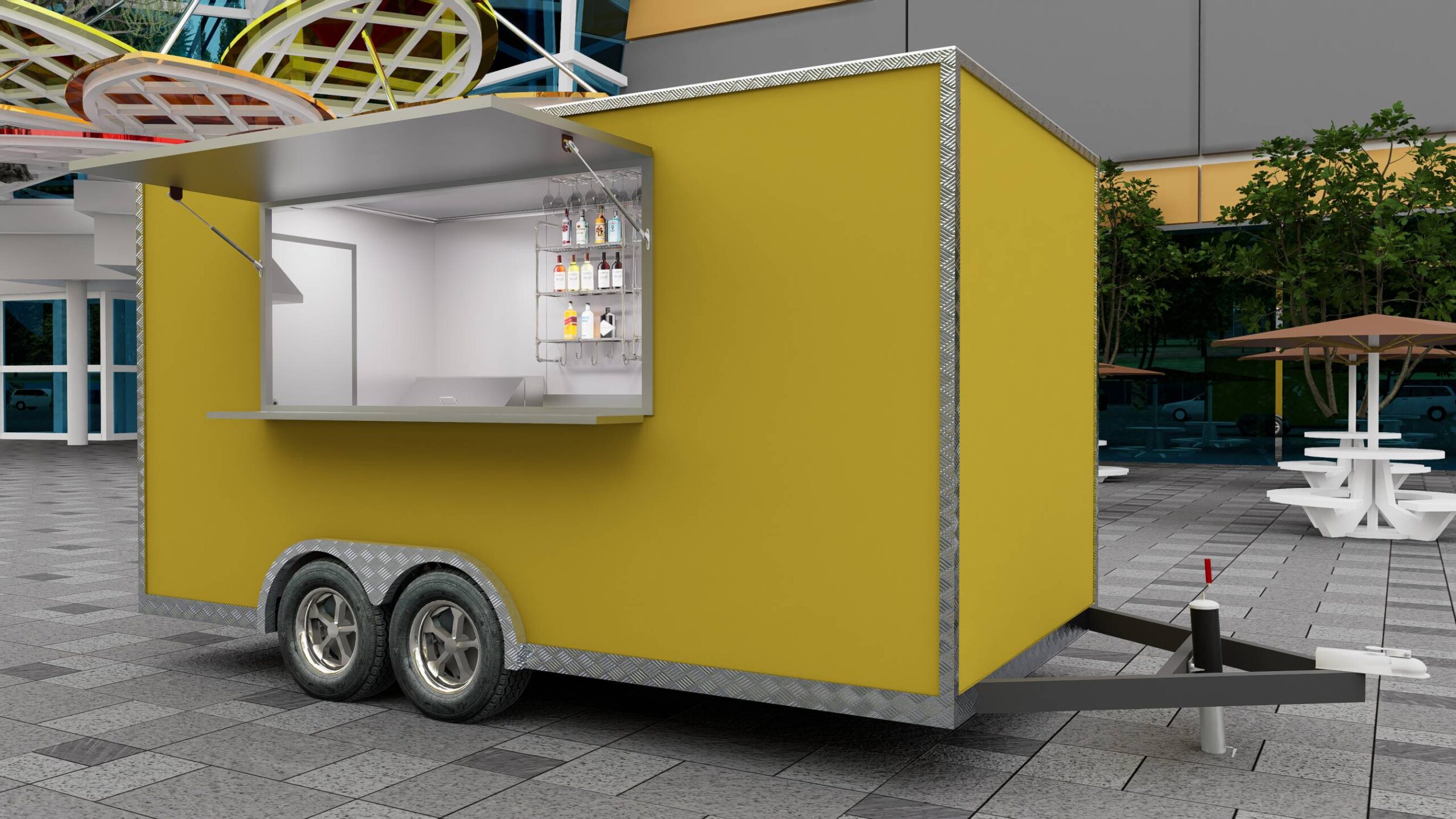 Exterior of a yellow custom food trailer with modern aesthetics, crafted by Luxe Custom Co food trailer builders.