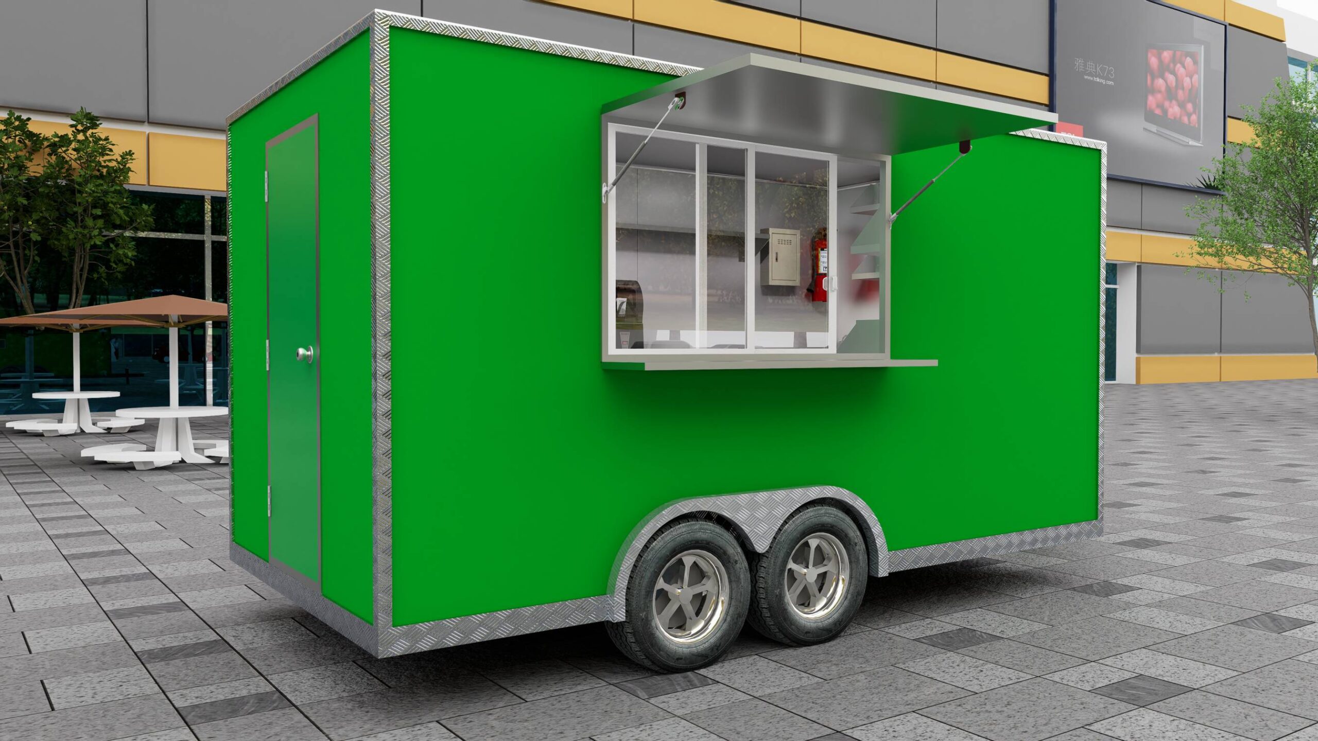 Side exterior of a mobile food trailer with an open serving window for smoothies, crafted by Luxe Custom Co.