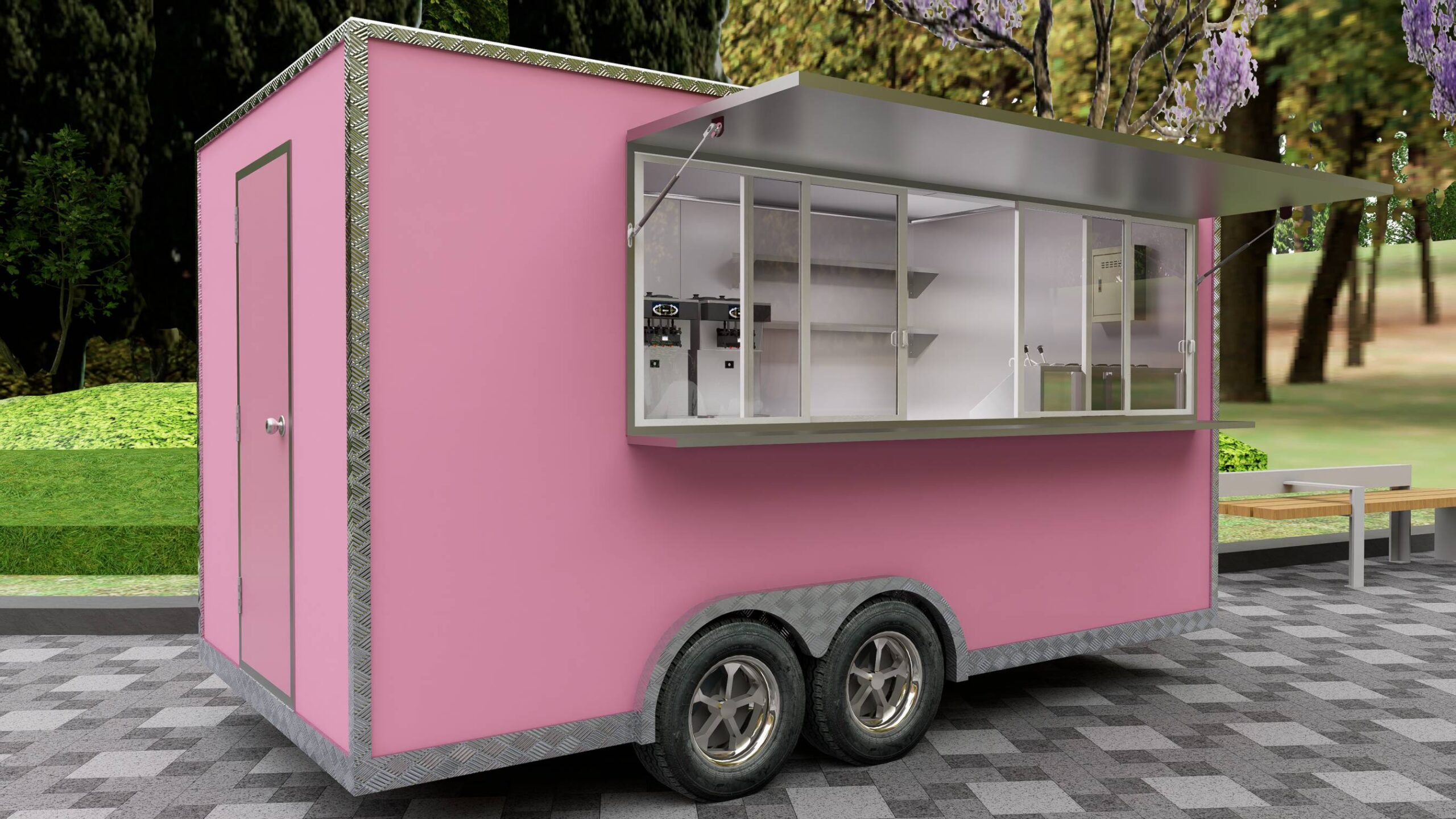 Side exterior of a mobile food trailer with open window for ice cream service, crafted by Luxe Custom Co.