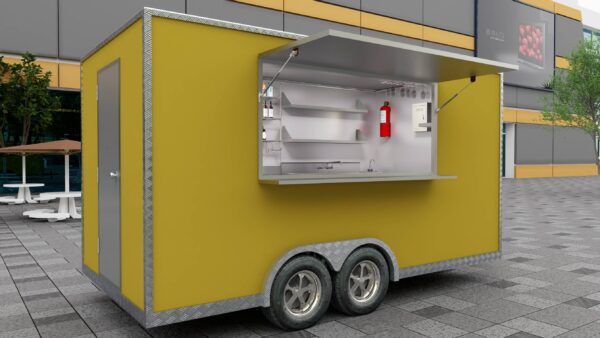 Side exterior of a yellow food truck trailer with branded wrap, built by Luxe Custom Co for food trailers for sale near me.