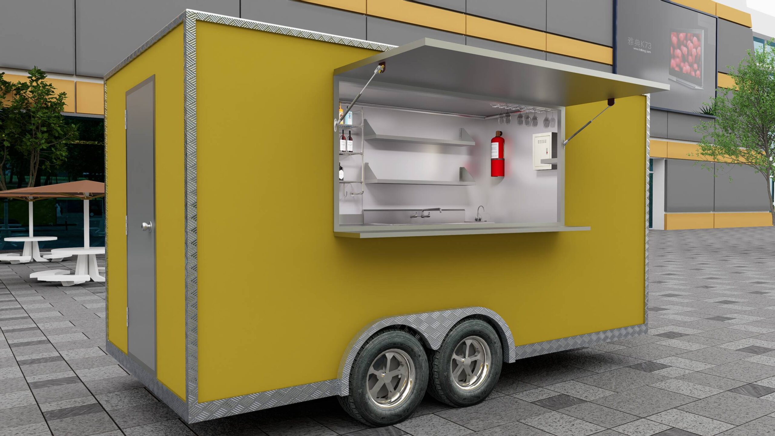 Side exterior of a yellow food truck trailer with branded wrap, built by Luxe Custom Co for food trailers for sale near me.