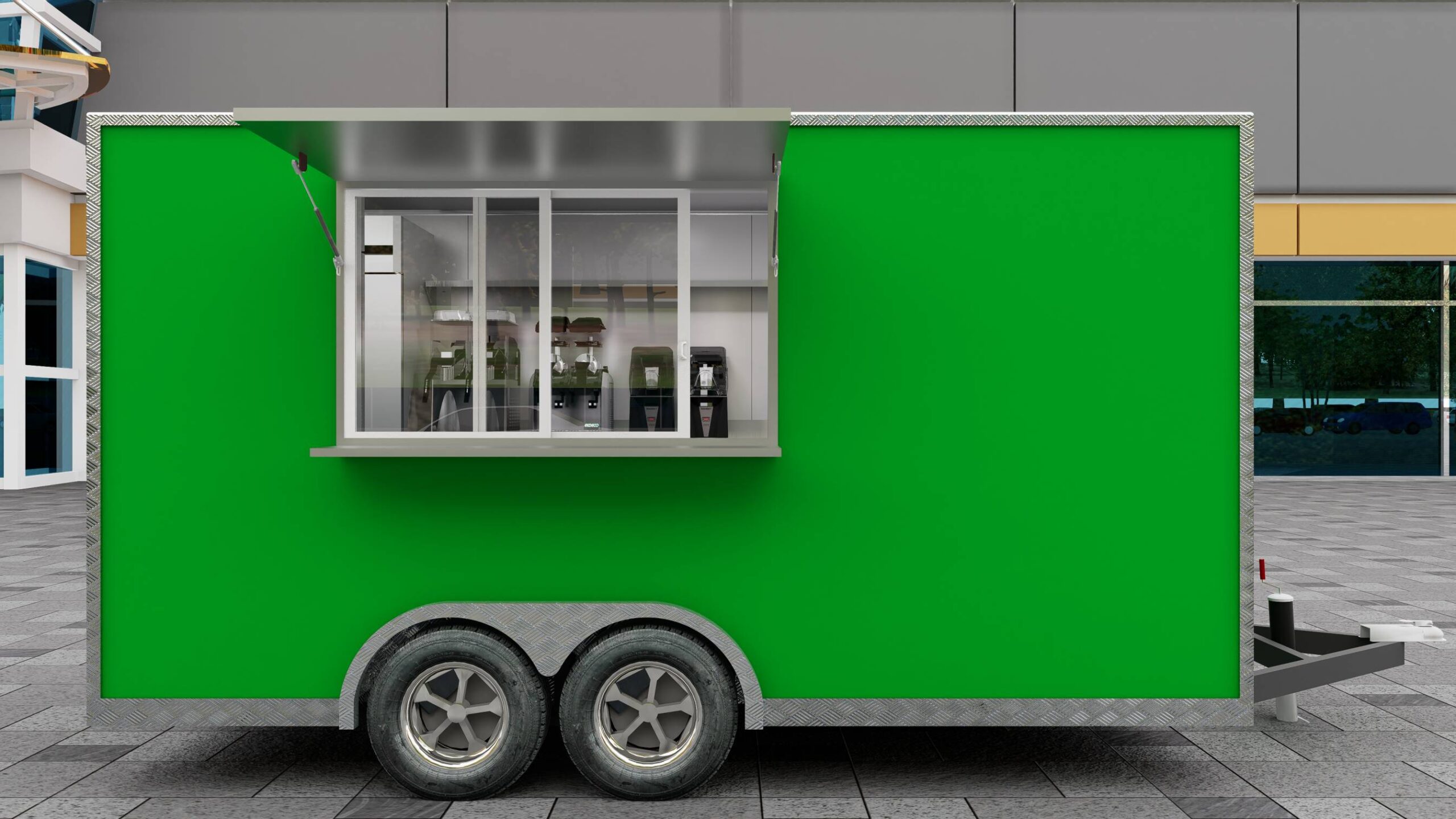 Rear exterior of a custom food trailer with LED signage for smoothies, built by Luxe Custom Co for buy food trailer needs.