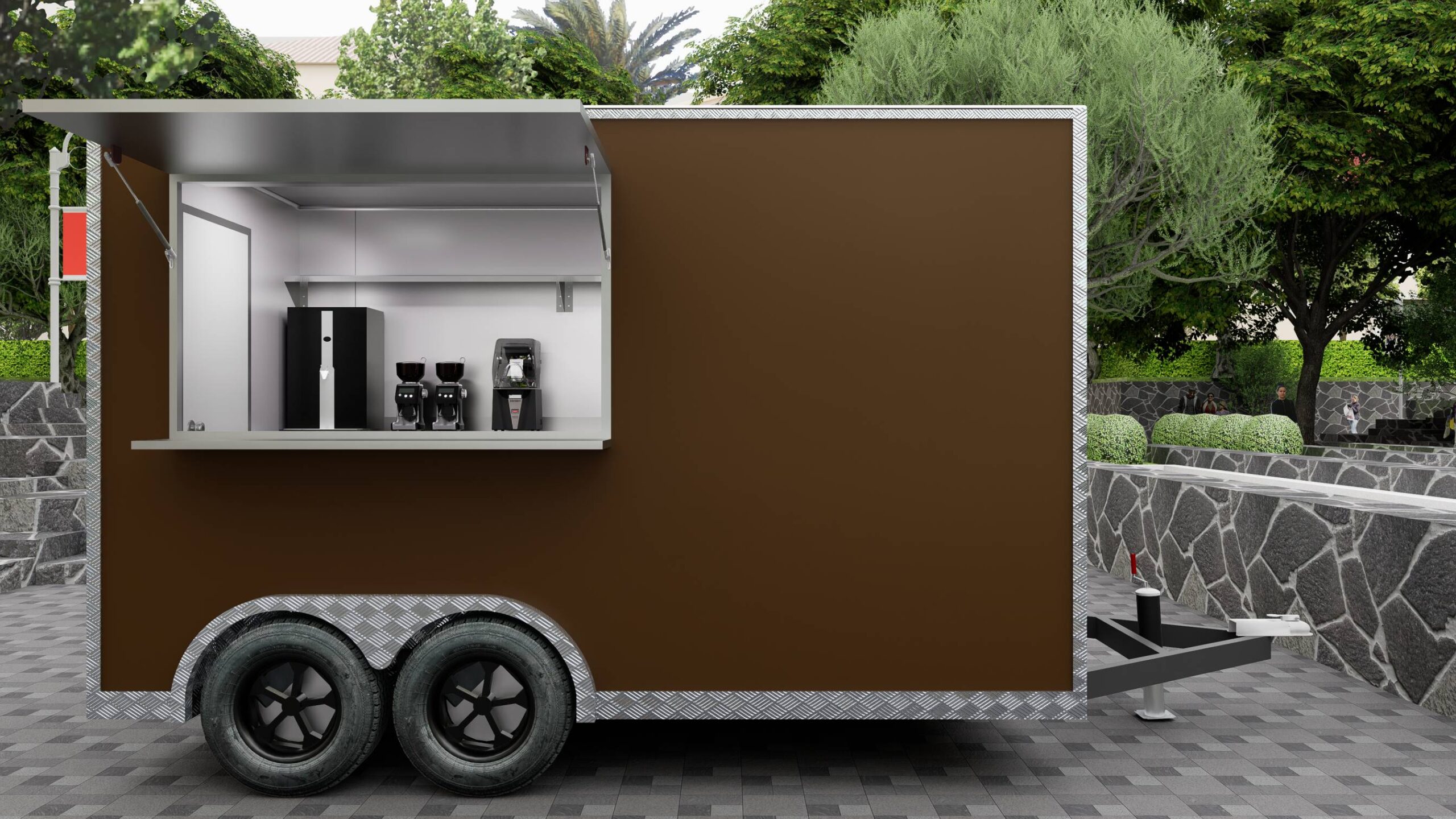 Brown exterior of a square-body mobile food trailer with slightly open window, built by Luxe Custom Co food trailer builders.