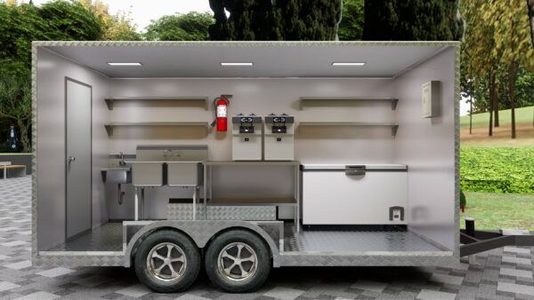 Stainless steel interior of a custom ice cream food truck trailer with freezer, crafted by Luxe Custom Co.