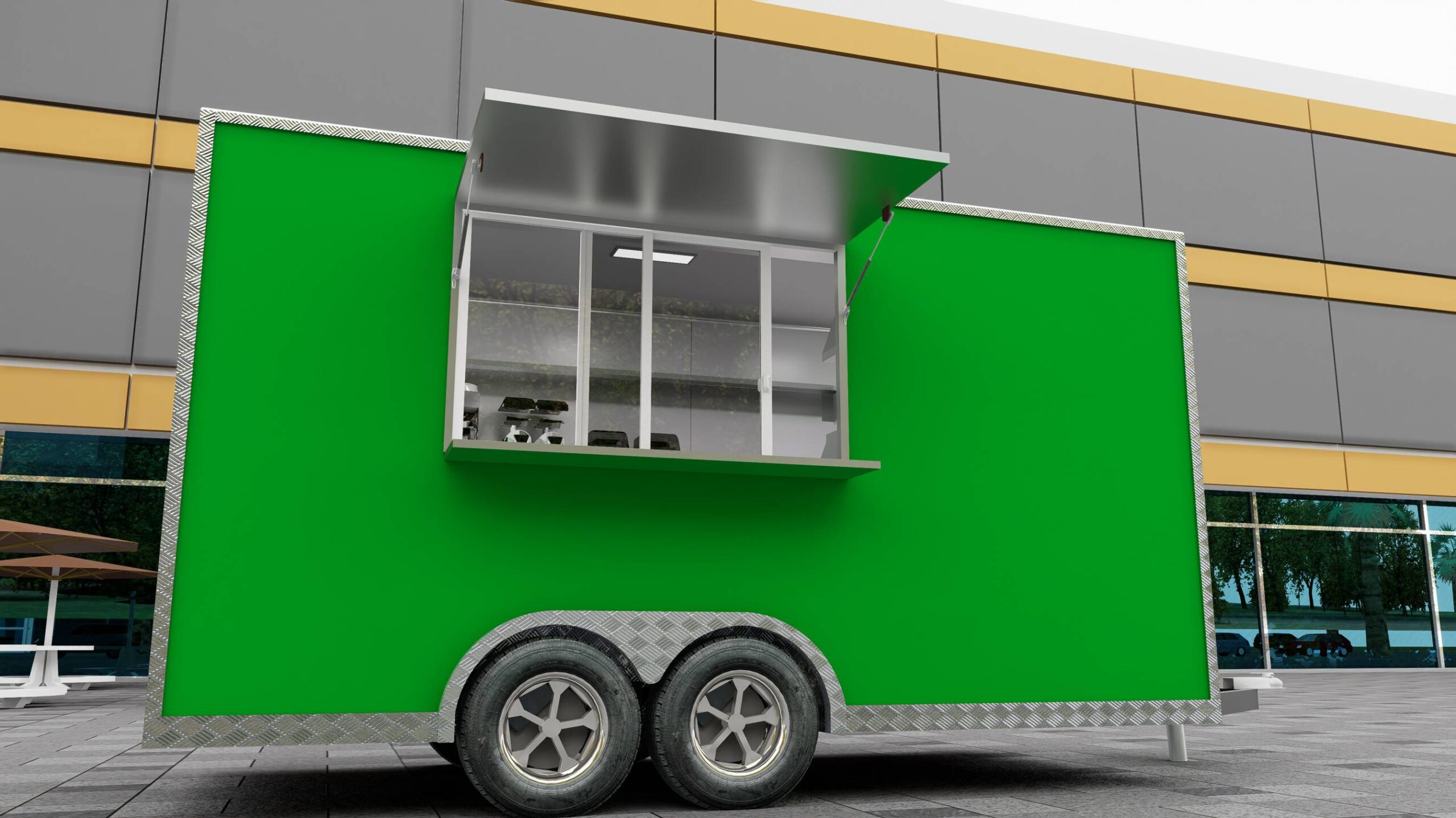 Rear exterior of a custom food trailer with LED signage for smoothies, built by Luxe Custom Co for buy food trailer needs.