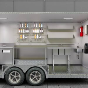 Full interior of a custom concession trailer with stainless steel setup for bar service, crafted by Luxe Custom Co.