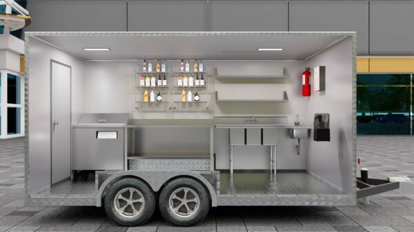 Full interior of a custom concession trailer with stainless steel setup for bar service, crafted by Luxe Custom Co.