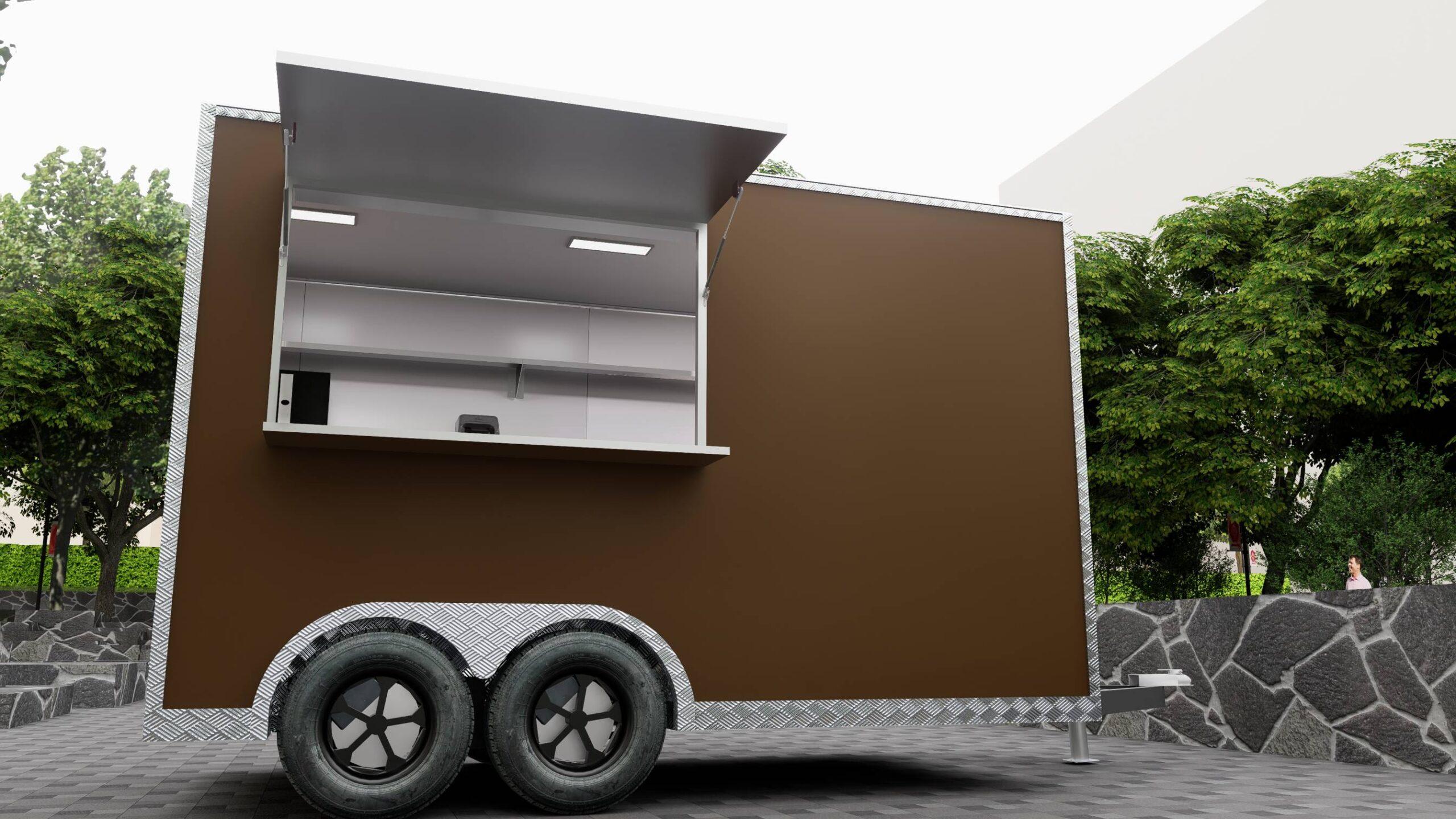 Side exterior of a brown food truck trailer with branded wrap, built by Luxe Custom Co for buy food trailer needs.