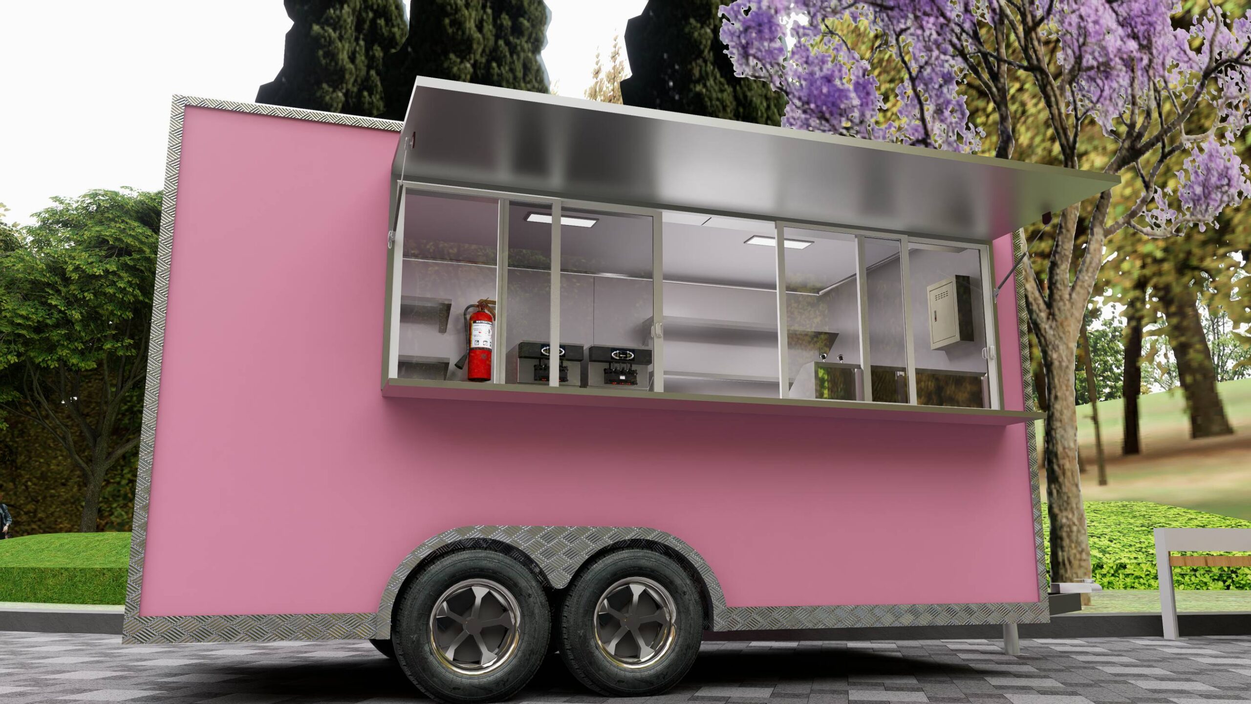 Rear exterior of a concession trailer for sale with LED signage for ice cream, crafted by Luxe Custom Co.