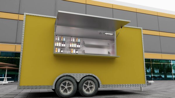 Yellow exterior of a mobile food trailer with open serving window for bar service, built by Luxe Custom Co.