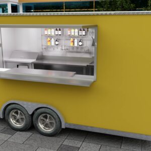 Full exterior of a yellow square-body concession trailer for sale, crafted by Luxe Custom Co for mobile food trailers.