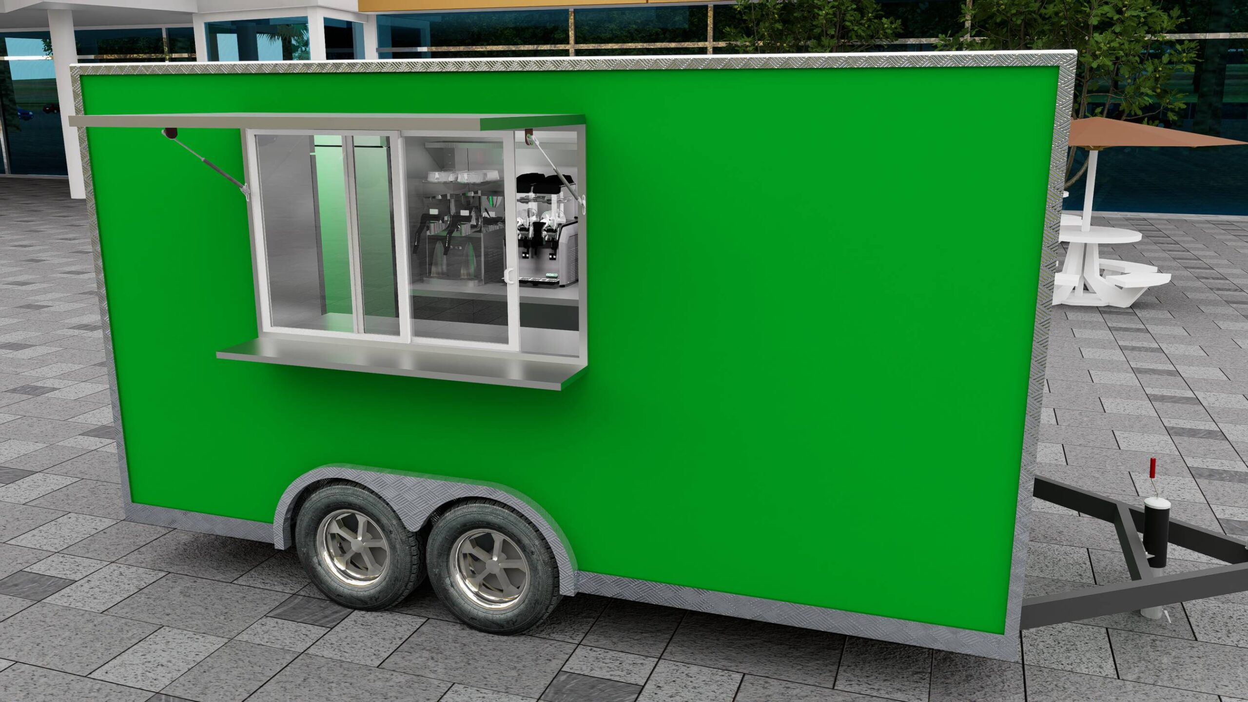 Front exterior of a concession trailer for sale with awning for smoothie service, crafted by Luxe Custom Co.