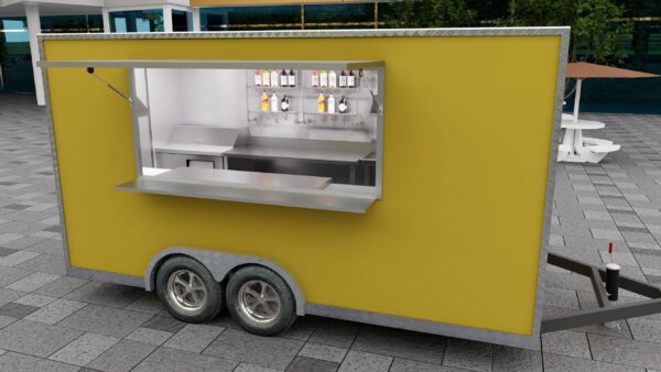 Yellow exterior of a custom food trailer with partial interior view, built by Luxe Custom Co food trailer builders.
