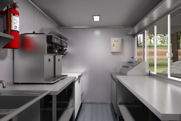 Serving window interior of a custom concession trailer with ice cream storage, crafted by Luxe Custom Co.