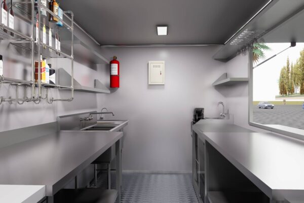 Interior of a mobile food trailer with ice cream equipment and hand sink, built by Luxe Custom Co for buy food trailer needs.