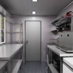 Stainless steel kitchen interior of a food truck trailer for ice cream service, built by Luxe Custom Co.