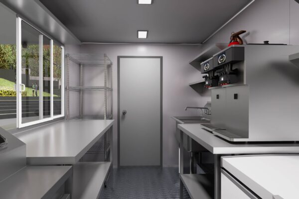 Stainless steel kitchen interior of a food truck trailer for ice cream service, built by Luxe Custom Co.