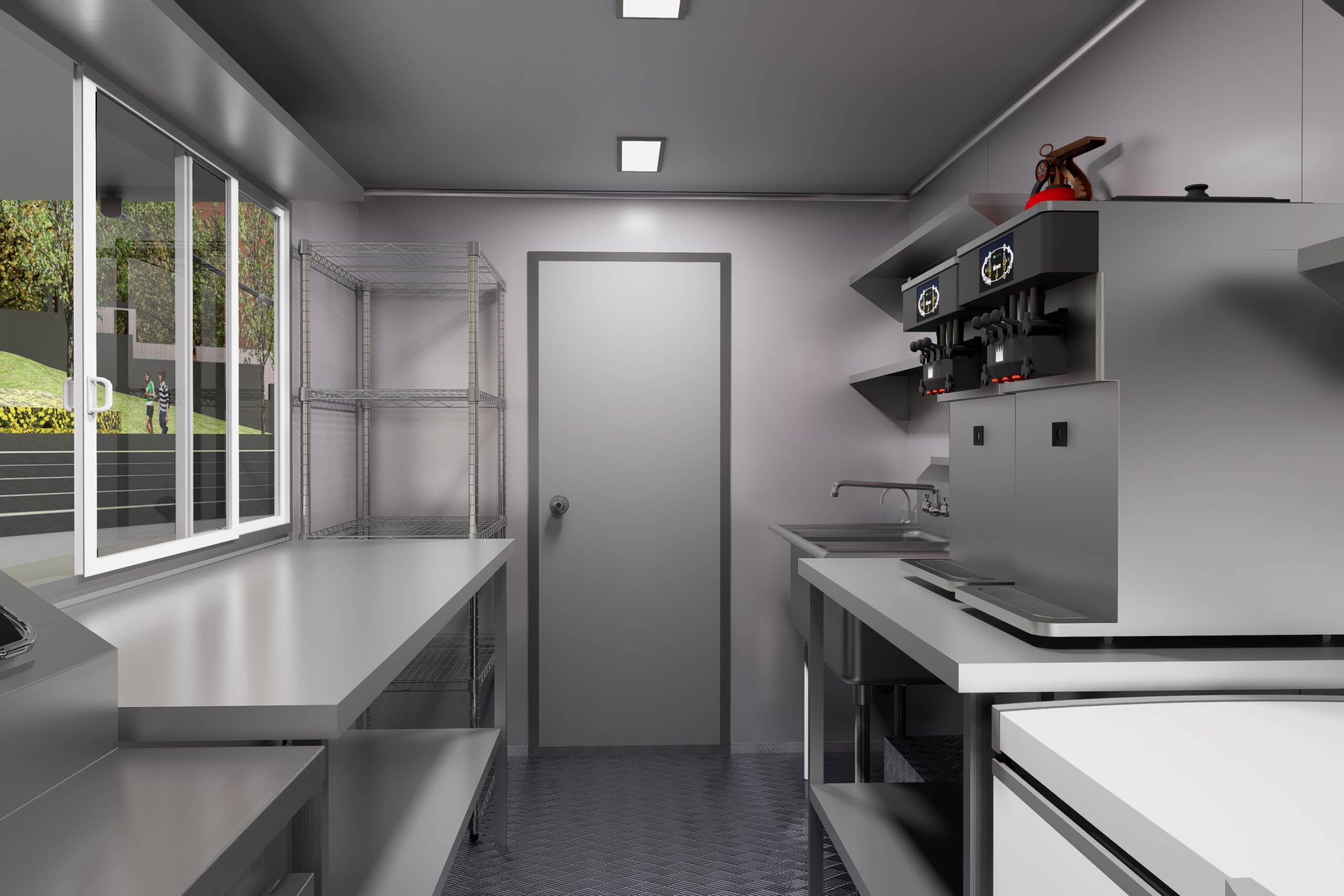 Stainless steel kitchen interior of a food truck trailer for ice cream service, built by Luxe Custom Co.