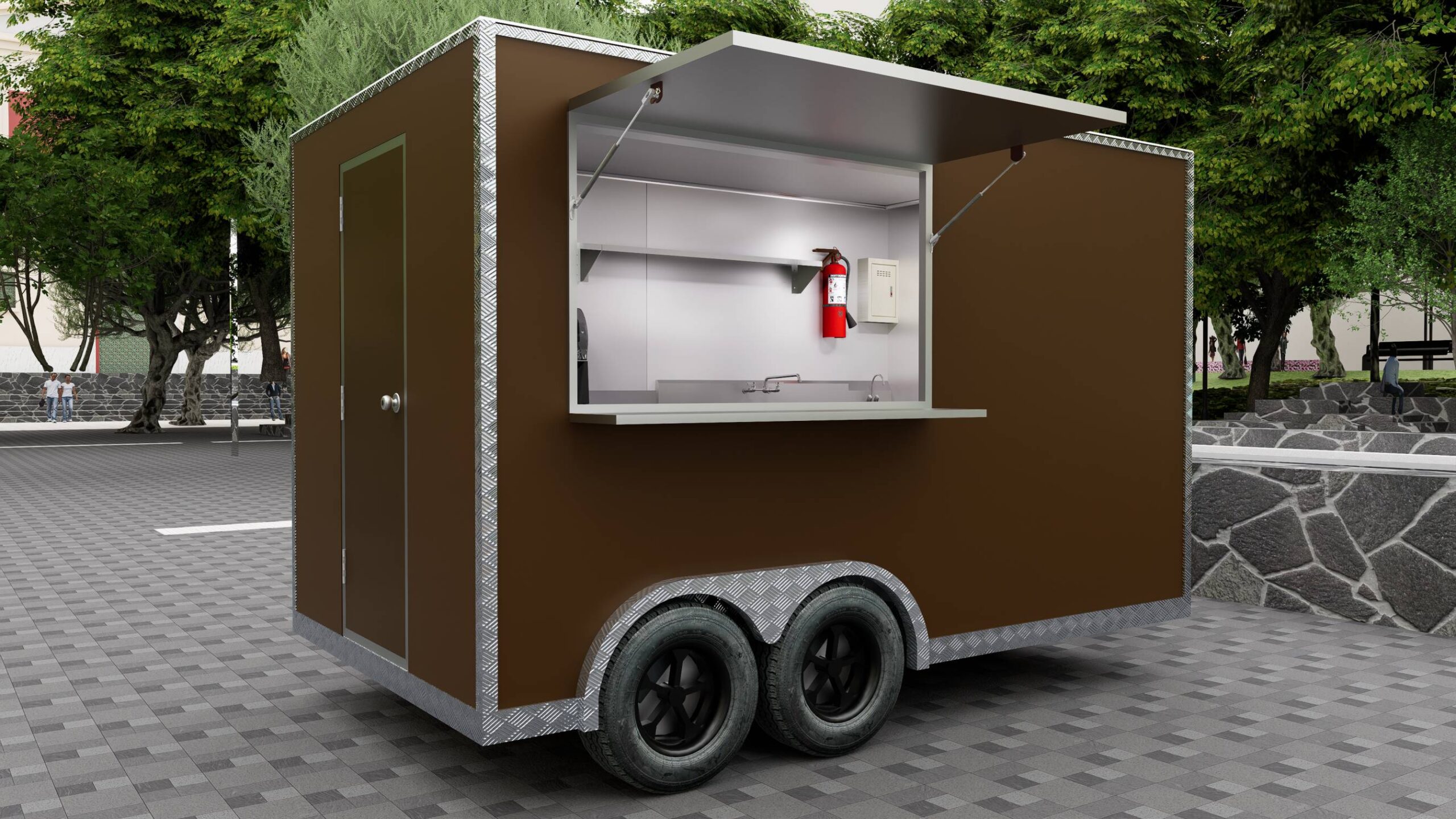 Full exterior of a brown custom concession trailer for ice cream, crafted by Luxe Custom Co for concession trailers for sale.