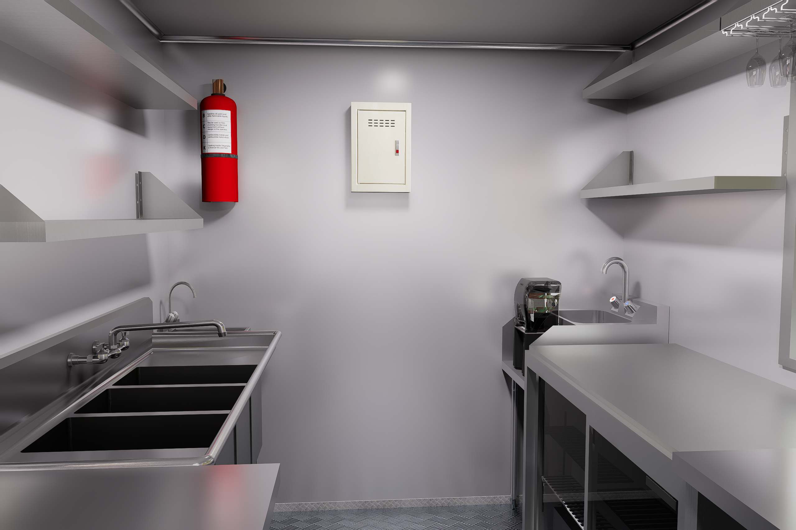 Interior of a food truck trailer with hand washing sink for bar hygiene, built by Luxe Custom Co.
