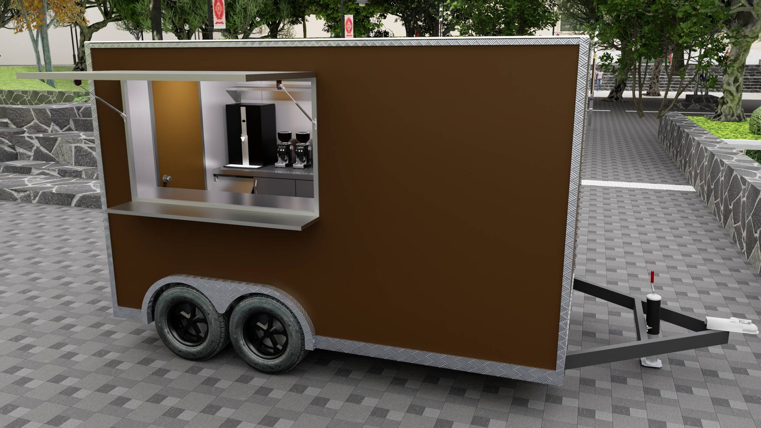 Exterior of a brown mobile food trailer with modern design, built by Luxe Custom Co food trailer builders.