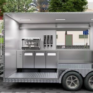 Stainless steel interior of a custom food trailer with fridge and blender, crafted by Luxe Custom Co.