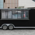 Right window exterior of a custom food trailer with open serving window for bar service, crafted by Luxe Custom Co.