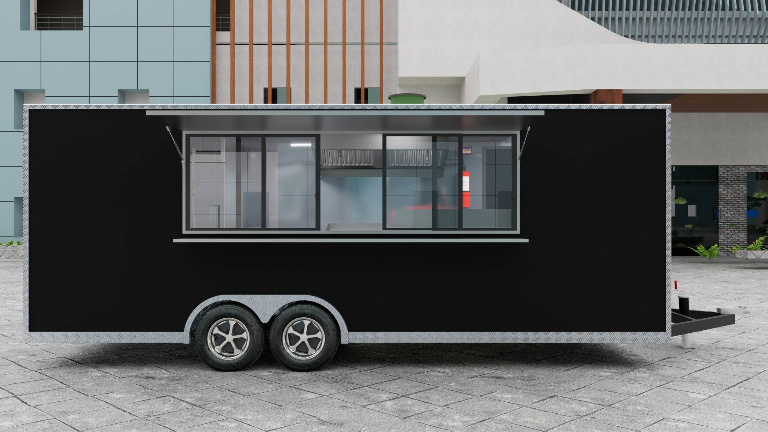 Right window exterior of a custom food trailer with open serving window for bar service, crafted by Luxe Custom Co.