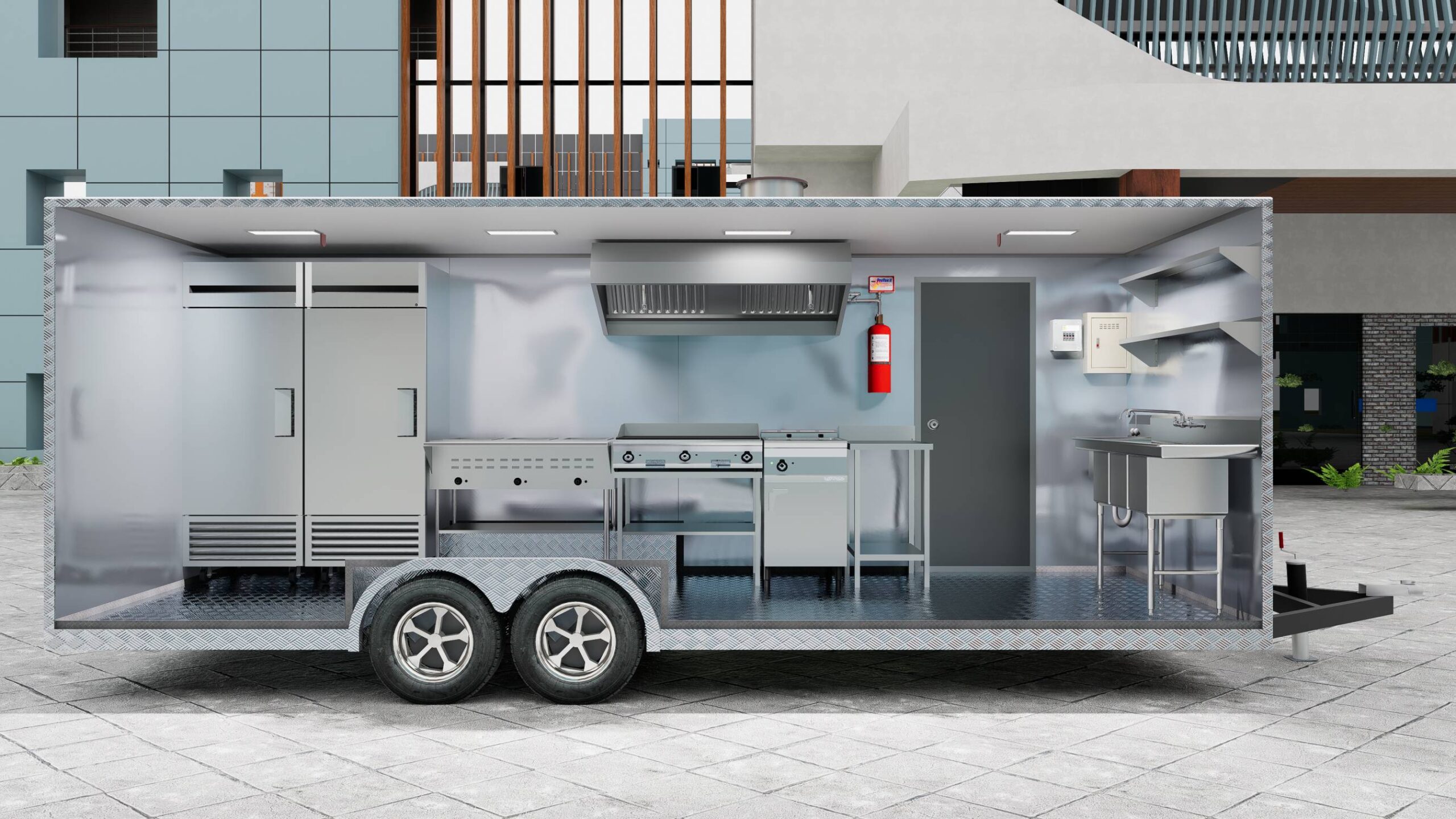 Interior of a 20ft food truck trailer with fountain drink station and fridge, built by Luxe Custom Co food trailer builders.