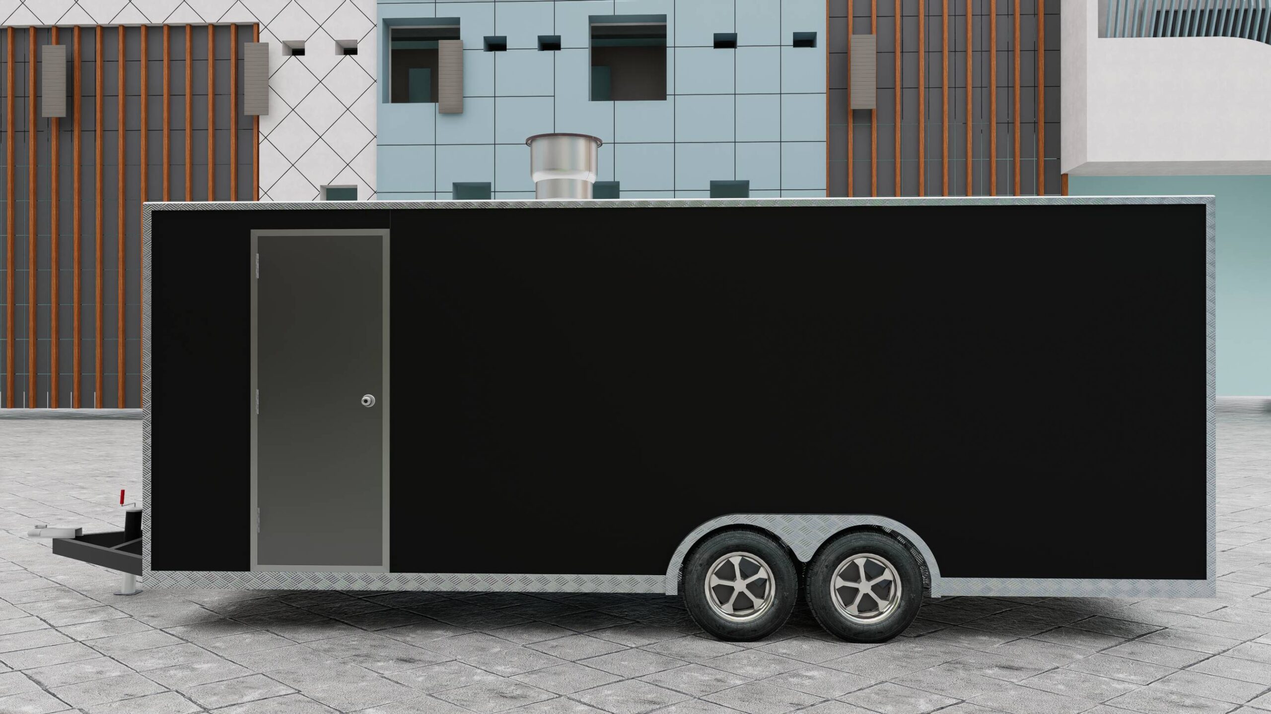 Rear exterior of a concession trailer for sale with branded wrap, built by Luxe Custom Co for mobile food trailers.