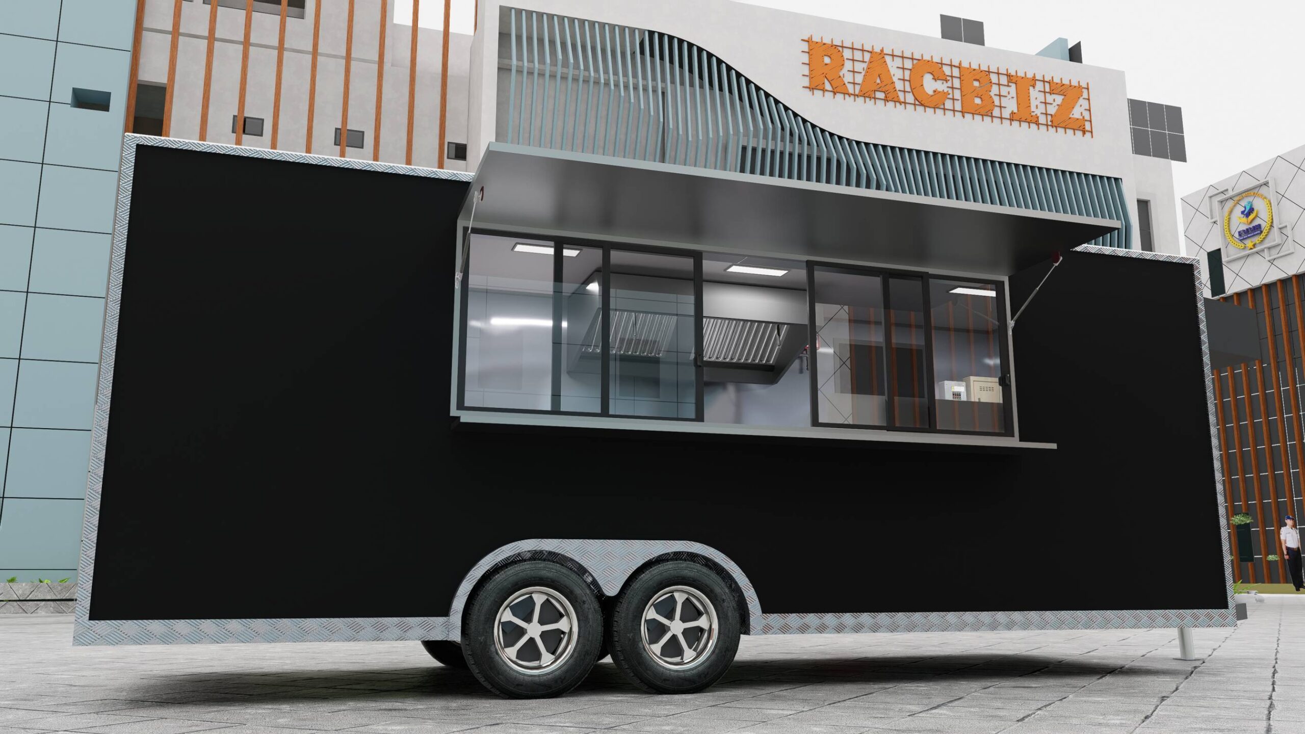 Full exterior of a 20ft mobile food trailer for bar service, built by Luxe Custom Co for food trailers for sale near me.