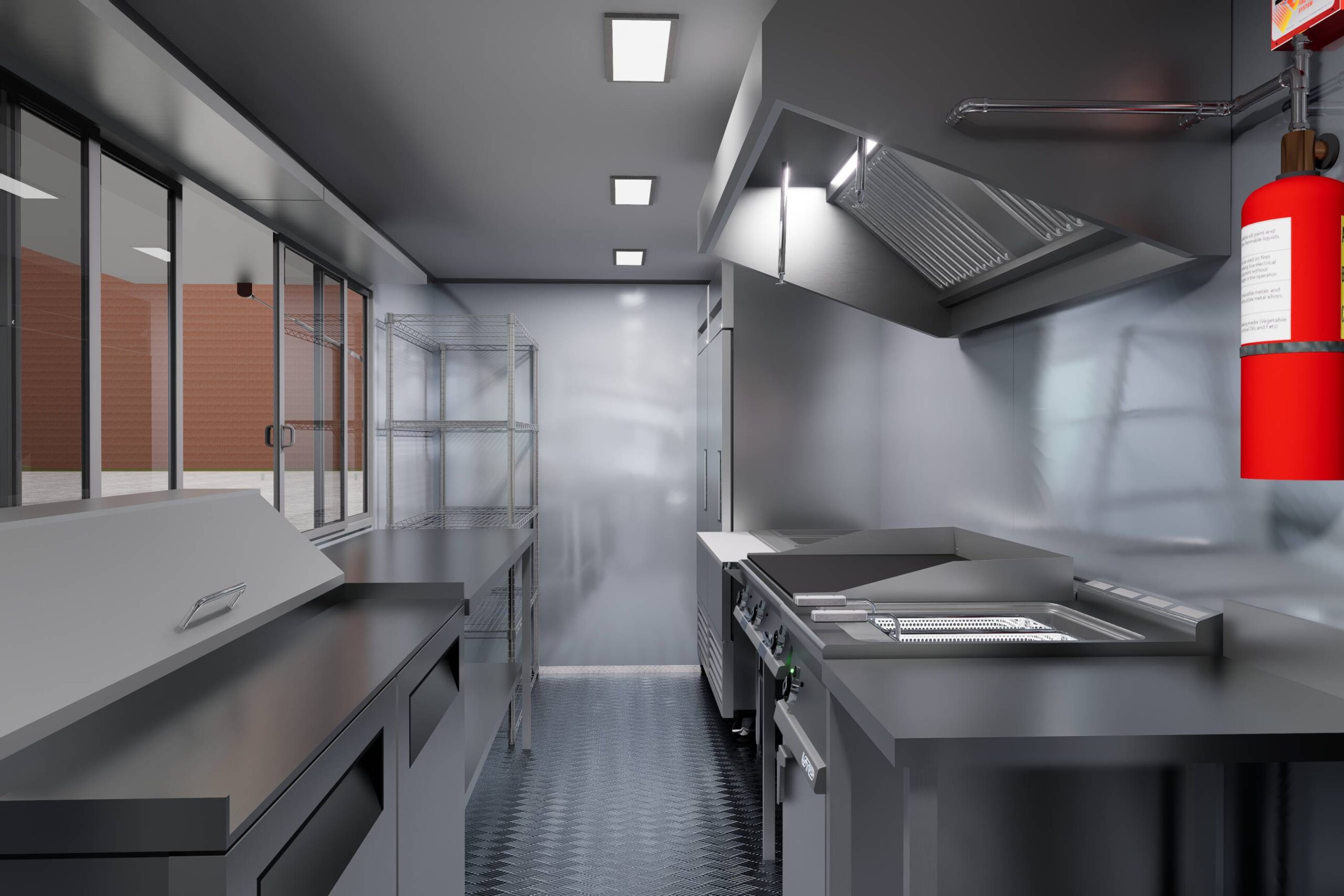 Interior of a custom concession trailer with air conditioning and wall shelf, crafted by Luxe Custom Co food trailer builders.