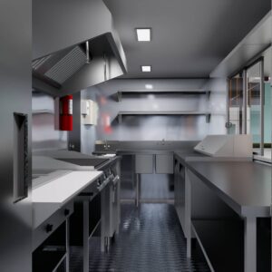 Stainless steel interior of a mobile food trailer with keg taps and slush machine, crafted by Luxe Custom Co for buy food trailer needs.