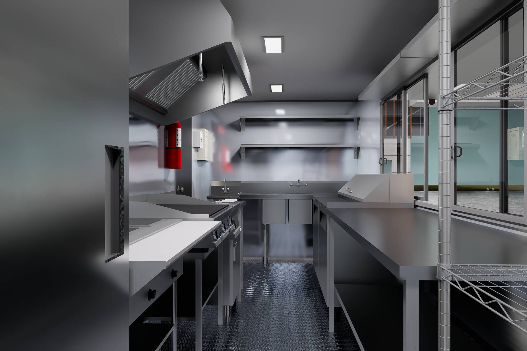 Stainless steel interior of a mobile food trailer with keg taps and slush machine, crafted by Luxe Custom Co for buy food trailer needs.